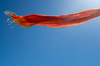 a red scarf blows in the wind below a Colorado blue sky