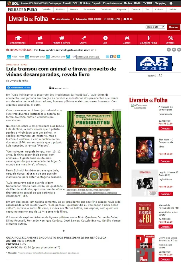 Print do site da Folha de São Paulo em 30/03/2016 - 13h01