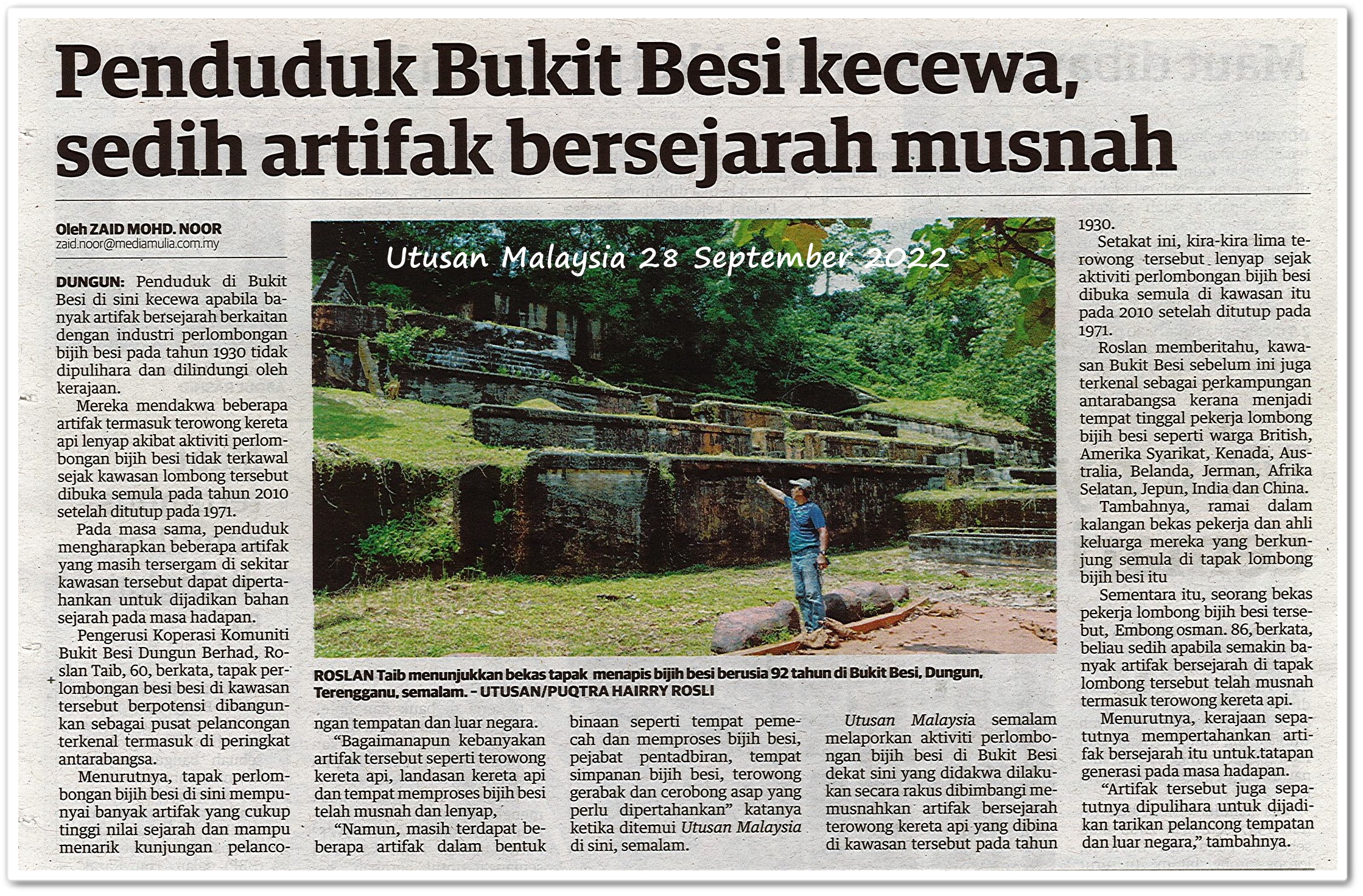 Penduduk Bukit Besi kecewa, sedih artifak bersejarah musnah - Keratan akhbar Utusan Malaysia 28 September 2022