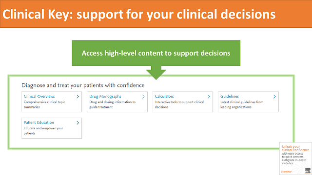 screen-shot showing the decision support content on clinical key, as listed above