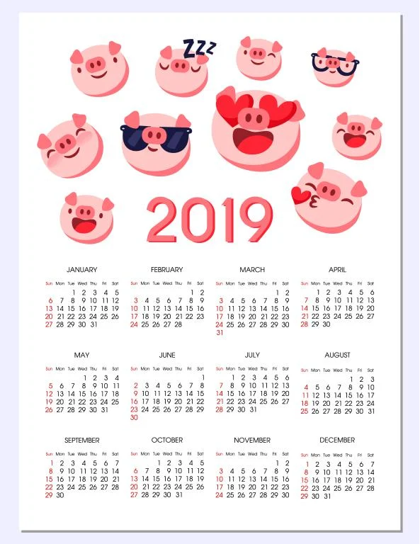 Hermoso calendario de cerditos para el año 2019