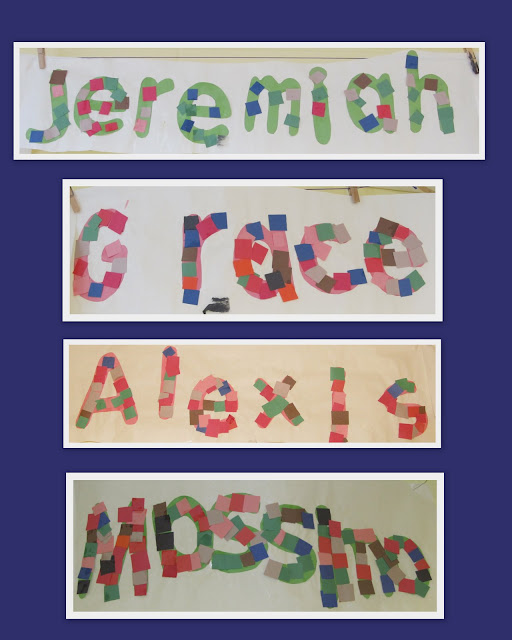 photo of: Bulletin board of Names and letter recognition, M is for Mosaic, Art projects for name recognition