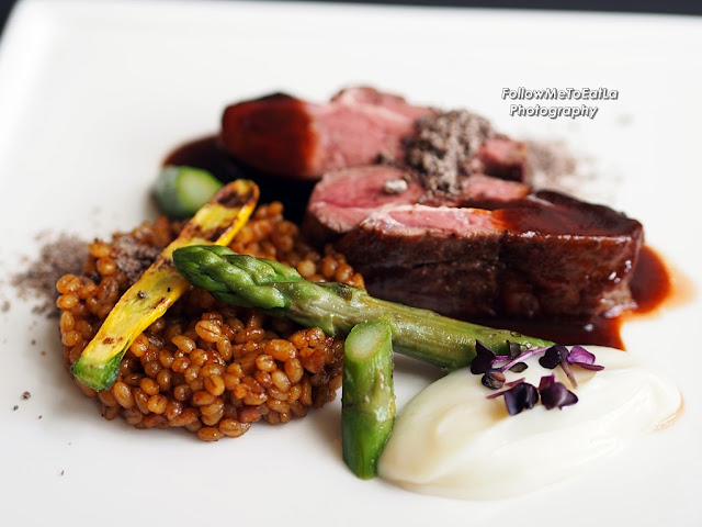 Slow Cooked Lamb Rump Mushroom Barley, Roasted Artichoke Puree, Chocolate Ale Reduction RM 75