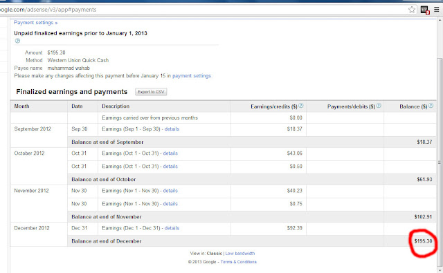 Google adsense  earning proof december 2012