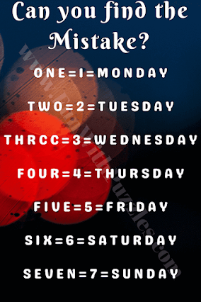 CAN YOU FIND THE MISTAKE? ONE=1=MONDAY, TWO=2=TUESDAY, THRCC=3=WEDNESDAY, FOUR=4=THURSDAY, FIVE=5=FRIDAY, SIX=6=SATURDAY, SEVEN=7=SUNDAY