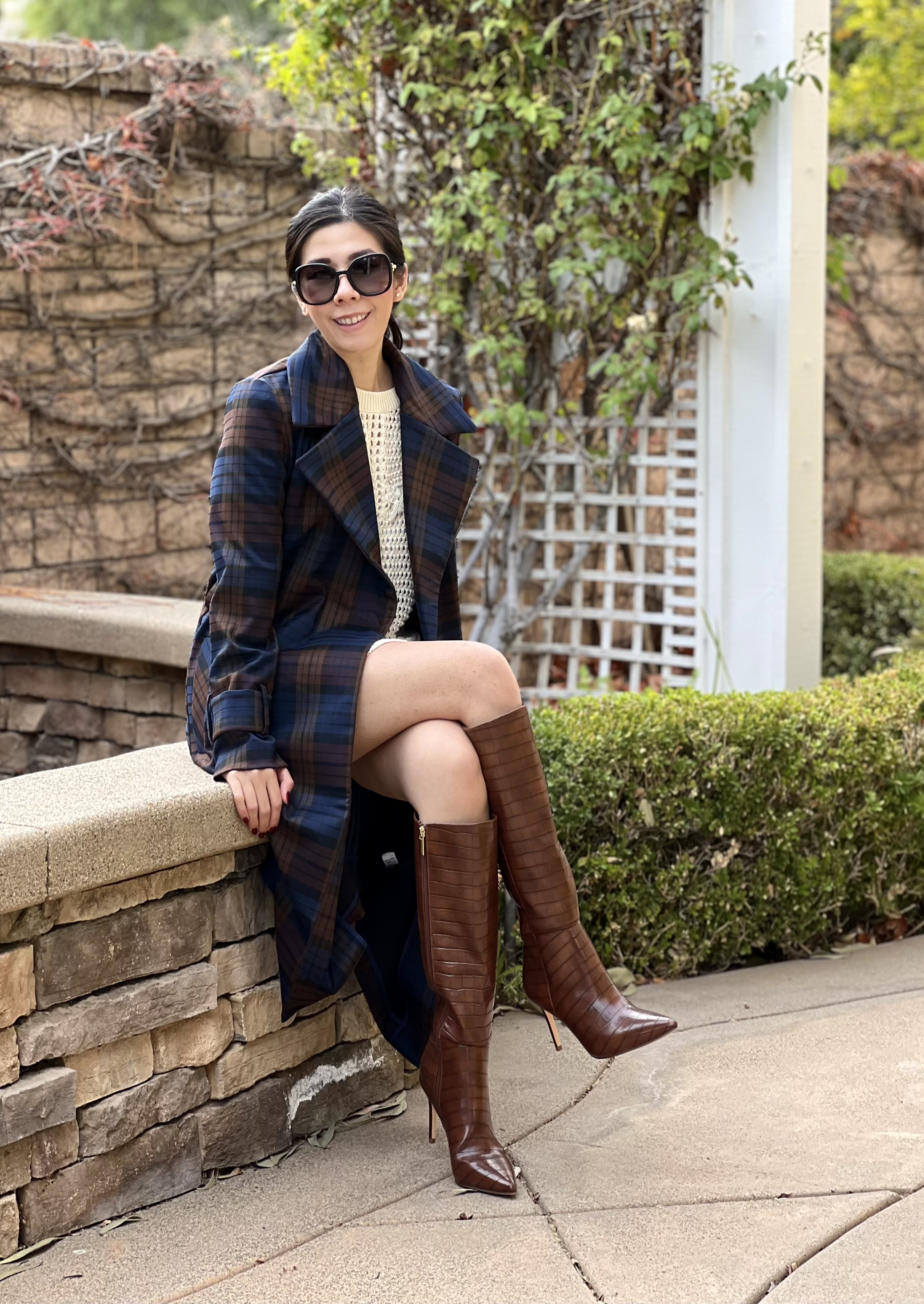 Blue and Brown Plaid Coat_Cream Fringe Sweater Dress_Brown Crocodile Embossed Knee High Boots_Italian Winter_Winter Style_Italian Style_Adrienne Nguyen