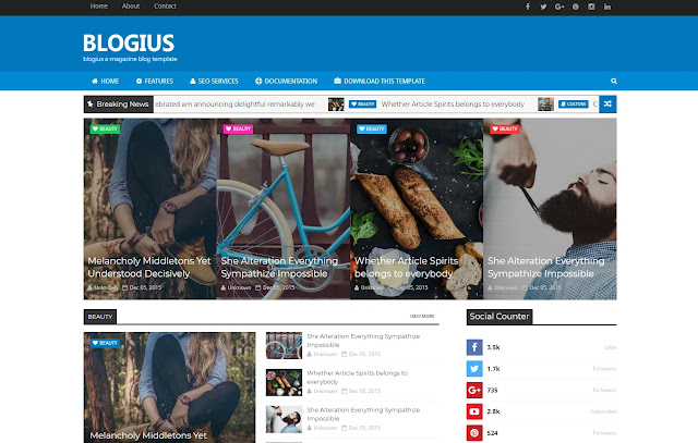 Blogius Responsive Magazine News Site News Portal Personal Blog Blogger Template Theme