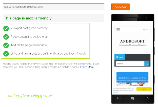 Hasil Test Mobile Friendly Blog di Bing Webmaster