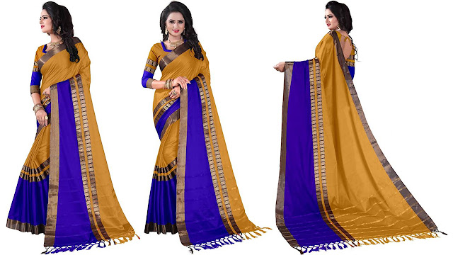 Bombey Velvat Fab Solid Kanjivaram Cotton Silk Saree  (Blue, Yellow)