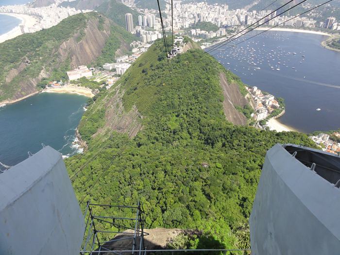 Sugarloaf Mountain, is a peak situated in Rio de Janeiro, Brazil, at the mouth of Guanabara Bay on a peninsula that sticks out into the Atlantic Ocean. Rising 396 metres (1,299 ft) above the harbor, its name is said to refer to its resemblance to the traditional shape of concentrated refined loaf sugar.