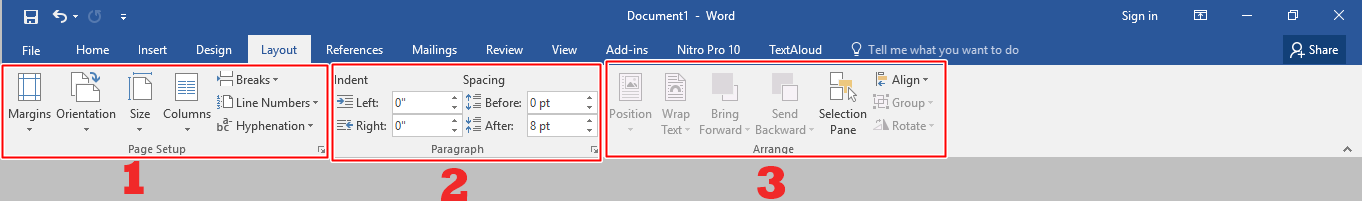 Menu bar Layout Microsoft Word 2016