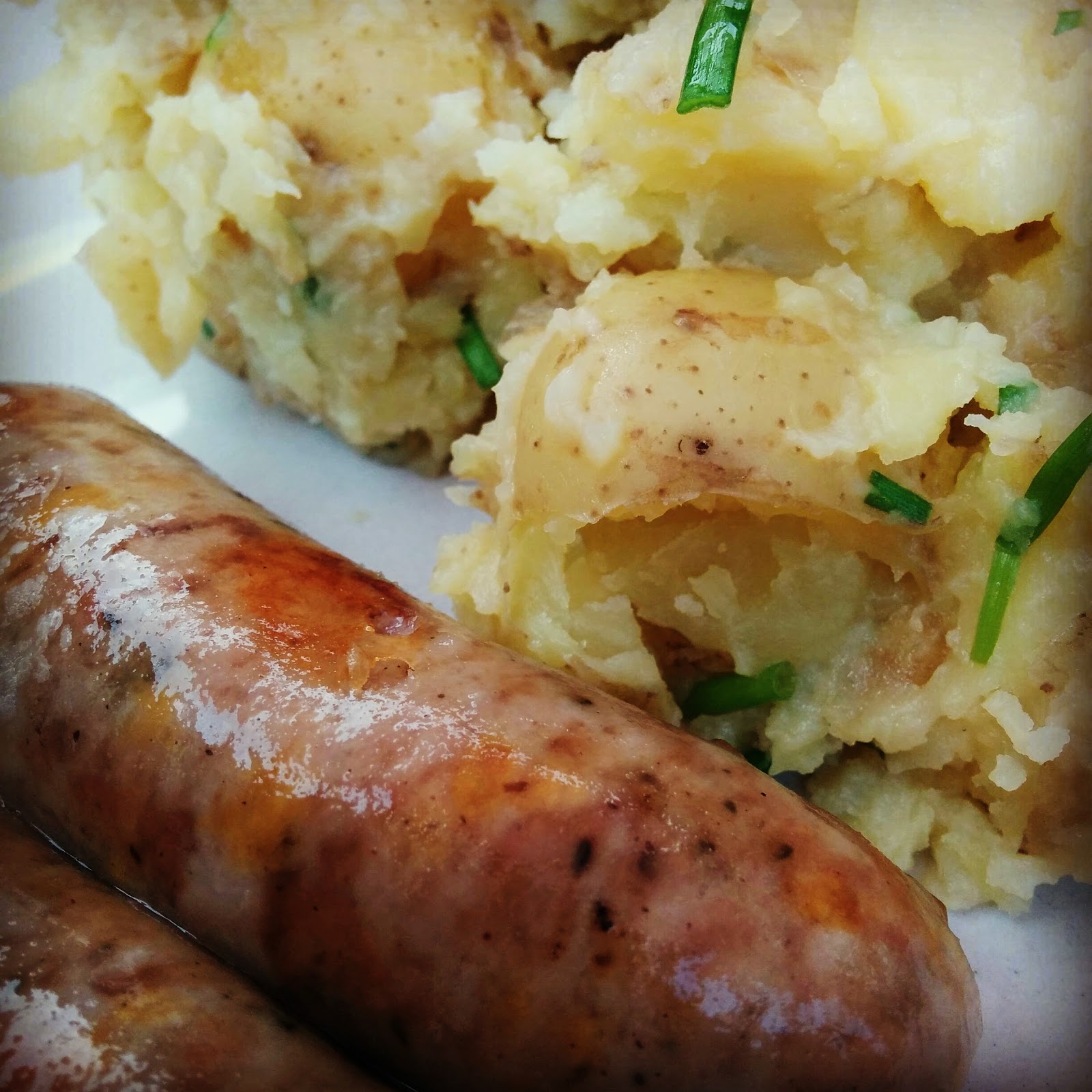 Roast Sausages with Crushed Potatoes