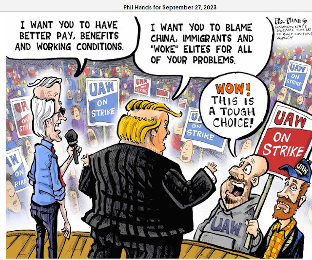 Biden and Trump talk to the UAW Strikers. Cartoon