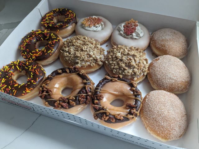 A dozen Krispy Kreme Flavor of Fall Donuts.