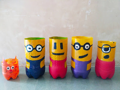 Aniket Dabhade - VU3LOL made minions flower pots using waste plastic bottles