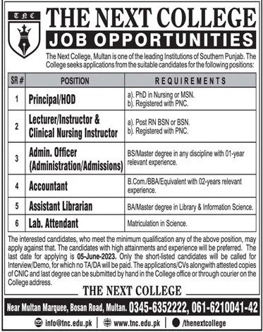 The Next College Multan Jobs 2023 [Apply Online]