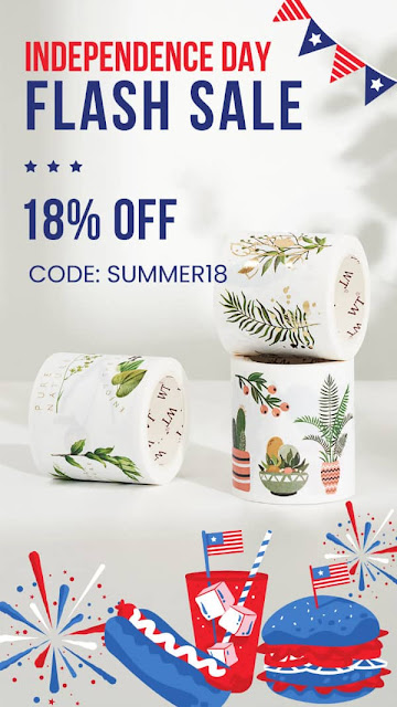 The Washi Tape Shop Independence Day advertising flyer shows rolls of plant themed washi tape and fireworks images