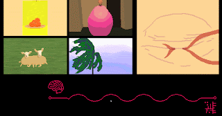 tela do jogo com quatro vídeos do lado esquerdo e um grande olho de pixel art no lado direito