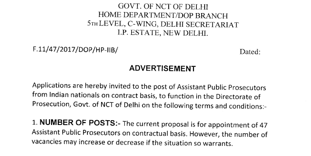 47 posts of Assistant Public Prosecutors in Delhi | Last date 15.02.2019