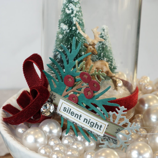Tim Holtz mini display dome, distress grit paste, baubles, woodland bottle brush tree lot, decorative deer, mica flakes, rock candy glitter, velvet Christmas trim, funky festive, mini paper snowflakes, curio knobs, antiqued gems, distress oxide ink; Concord and 9th take a bough encore die cut