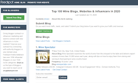 Feedspot Top 100 Wine Blogs, Websites & Influencers in 2020  (screenshot courtesy of https://blog.feedspot.com )