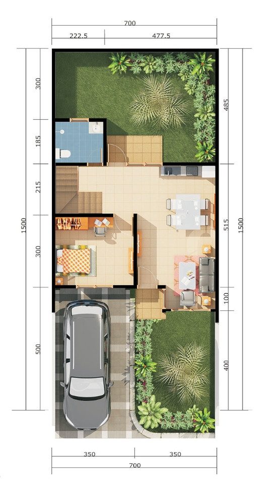 11 Denah rumah minimalis ukuran 7x15 meter 3 kamar tidur 2 