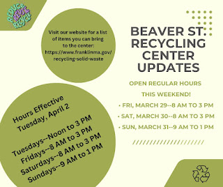 Town of Franklin, MA: Recycling Center last March weekend hours and Tuesday hours returns April 2, 2024