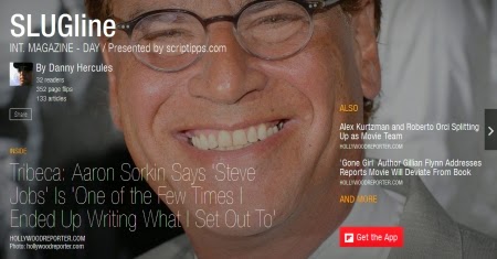 Screenwriter Aaron Sorkin on the cover a SLUGline, a Flipboard magazine for screenwriters presented by ScripTipps