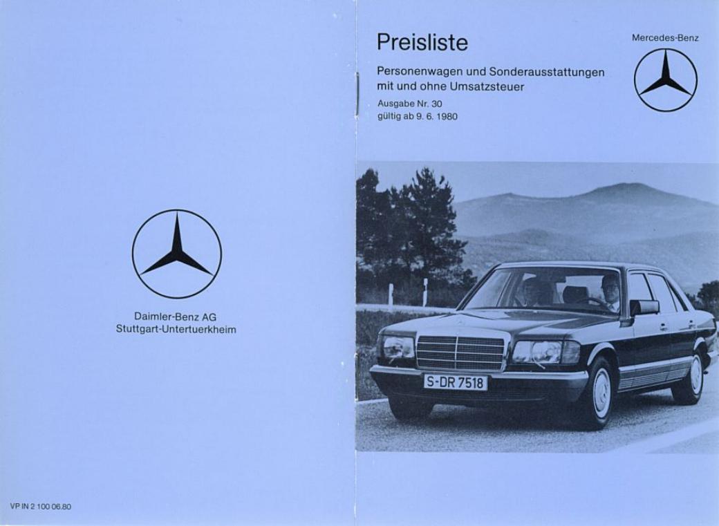 Mercedes-Benz Baureihe 107 123 126 Preisliste 06/1980 Nr. 30