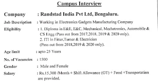 ITI and Diploma Job Campus Interview For Randstad India Pvt Ltd, Electronics Gadgets Manufacturing Company