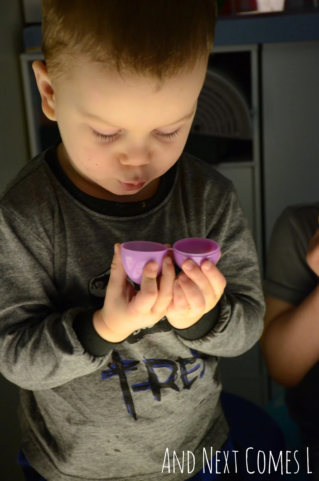 Playing with plastic Easter eggs at the light table