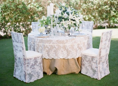 Linens Featured Alencon LaceWhite cap and chair covers BurlapNatural 