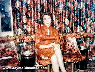 Edna Milton in parlour of the Chicken Ranch brothel, La Grange, Texas