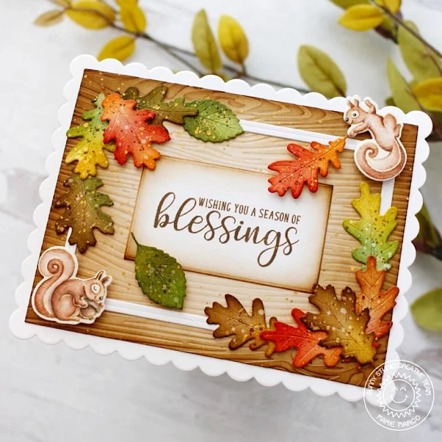 Sunny Studio Stamps: Autumn Greenery Die Focused Card by Marie Marco (featuring Autumn Greetings, Woodgrain Embossing Folder, Squirrel Friends)