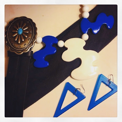 vintage accessories in electric blue and black with funky geometric shapes