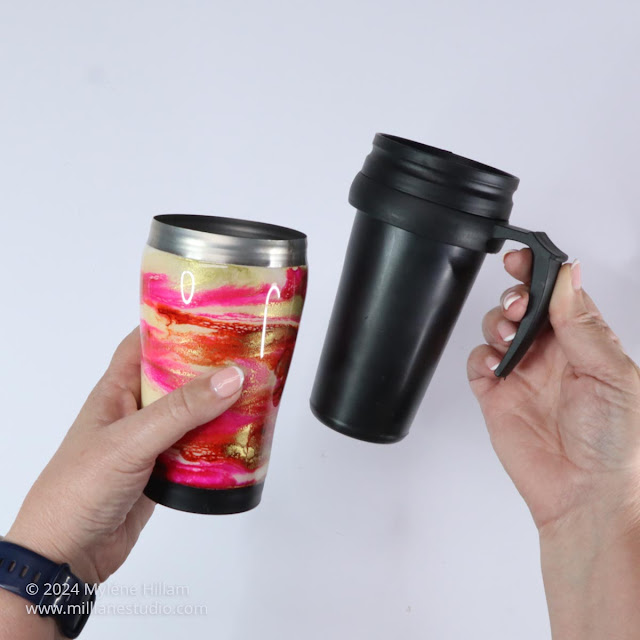 resin travel mug separated into outer and inner cups