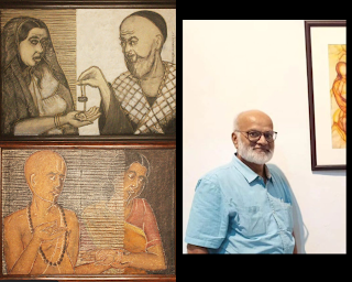 Mr. Ramesh Aundhkar smiling, holding one of his four-dimensional artworks, showcasing his passion for art in retirement.