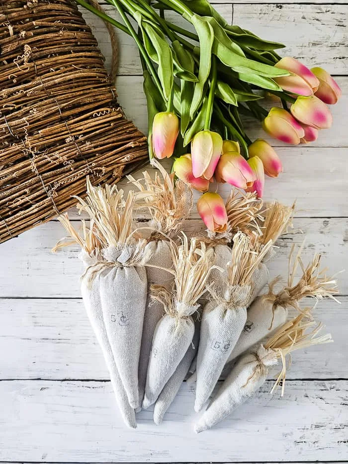 rustic basket, faux tulips, fabric carrots