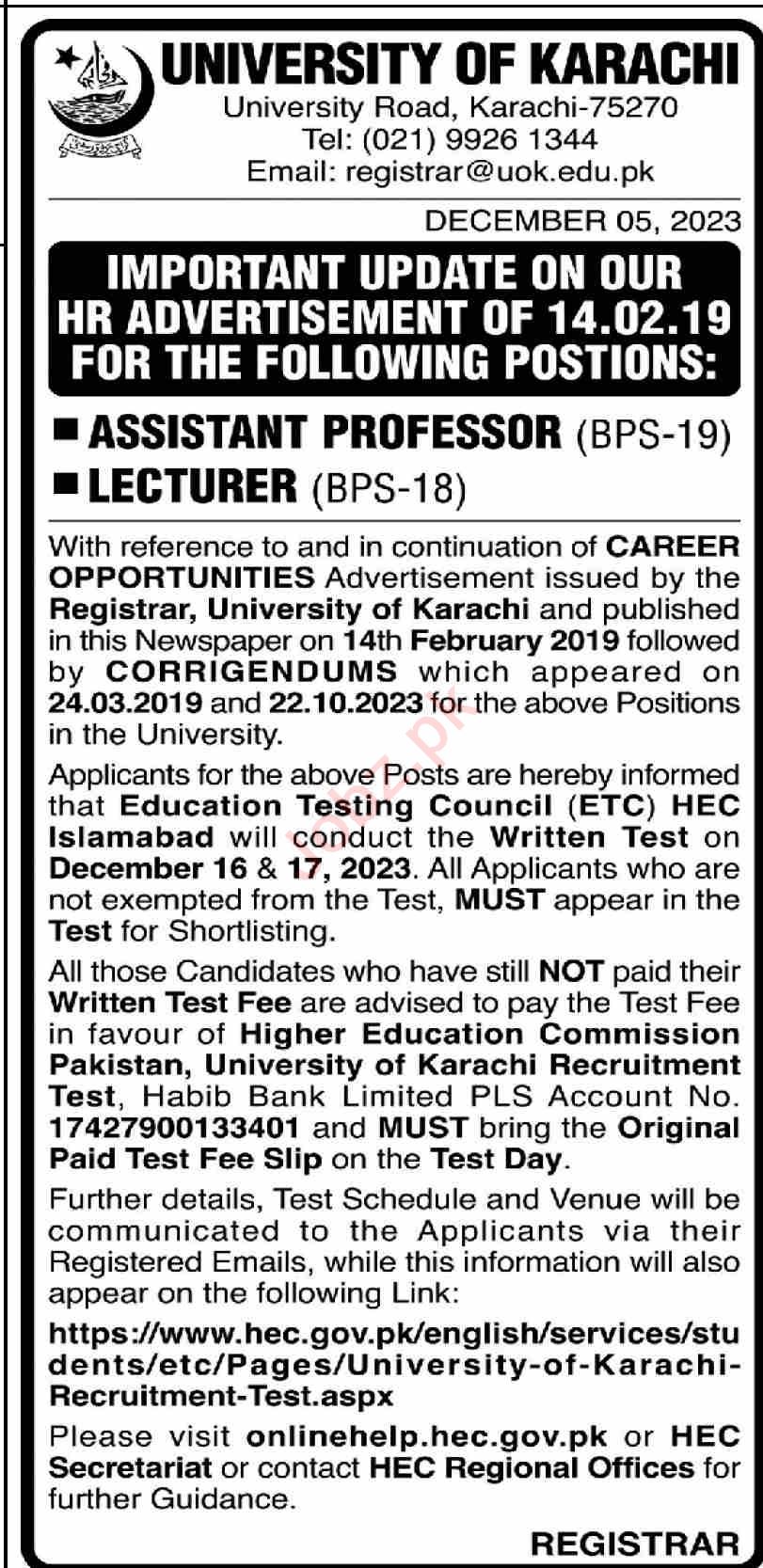 Jobs in University of Karachi UoK