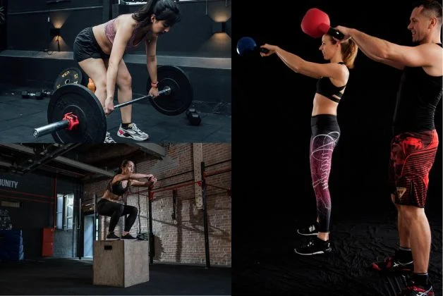 People performing leg workouts at home: Box Jumps, Barbell Deadlifts, Kettlebell Swings