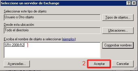 Seleccionaremos el servidor Exchange 2010.