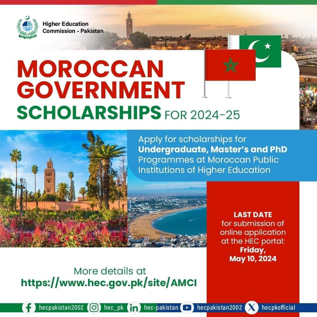 The Moroccan Agency of International Cooperation (AMCI) has announced scholarships for Pakistani students. Students can apply for Undergraduate, Master’s and PhD at Moroccan Public Institutions of Higher Education.