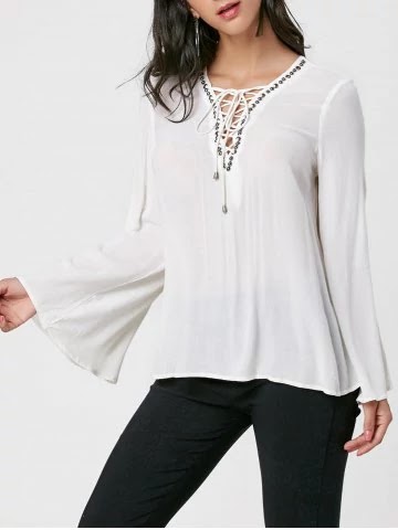  Flare Sleeve Lace Up Blouse