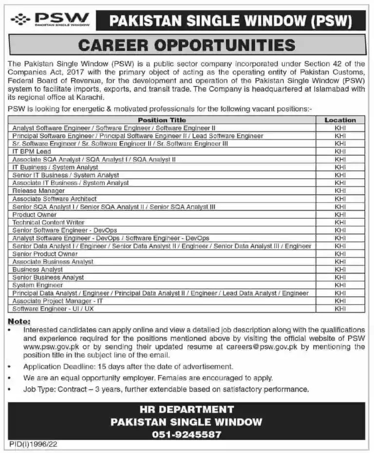 Pakistan Single Window Jobs 2022 - PSW Jobs 2022 - www.psw.gov.pk Jobs 2022