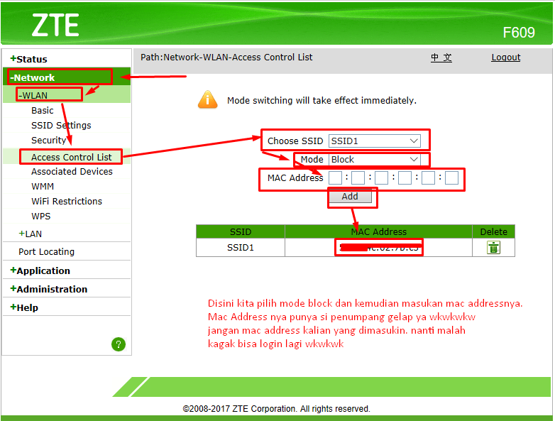 Cara Memblokir User atau Pengguna wifi di Modem ZTE F609 ...