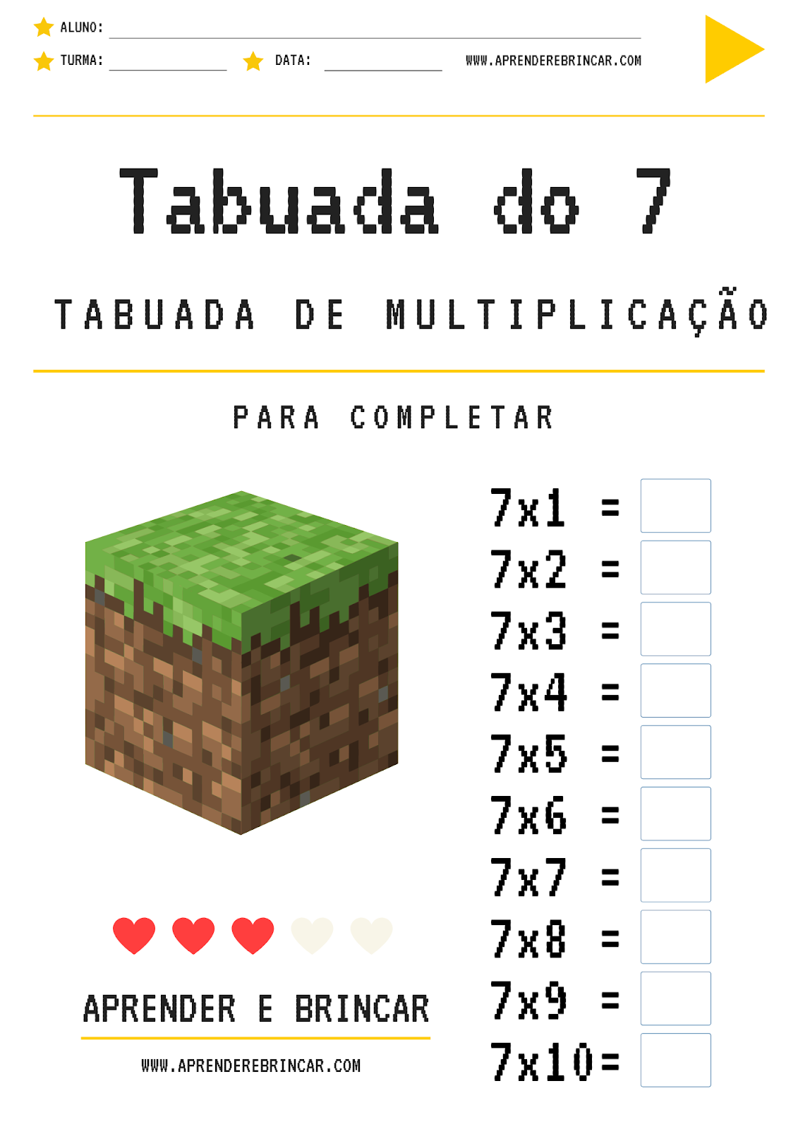 Tabuada de multiplicação do 7