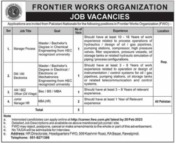 Latest Frontier Works Organization FWO Management Posts Rawalpindi 2023