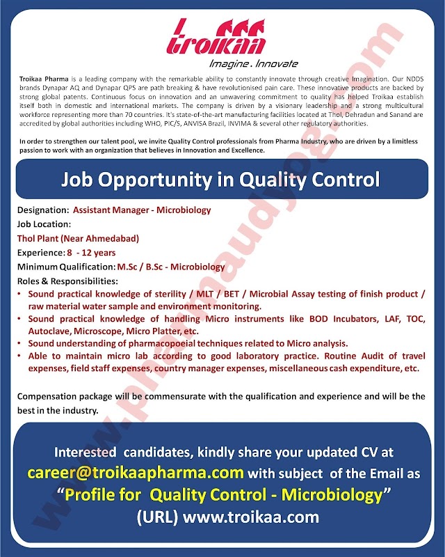 Troikaa Pharma | Job opportunity in Quality control | Microbiology | Ahmedabad | Send CV
