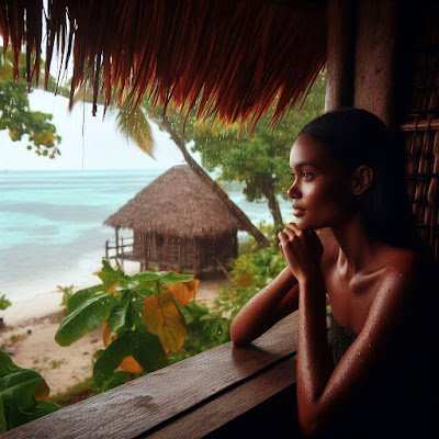 native woman looking at rain through hut window