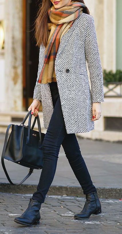 how to style a coat : boots + skinnies + bag + colorful scarf